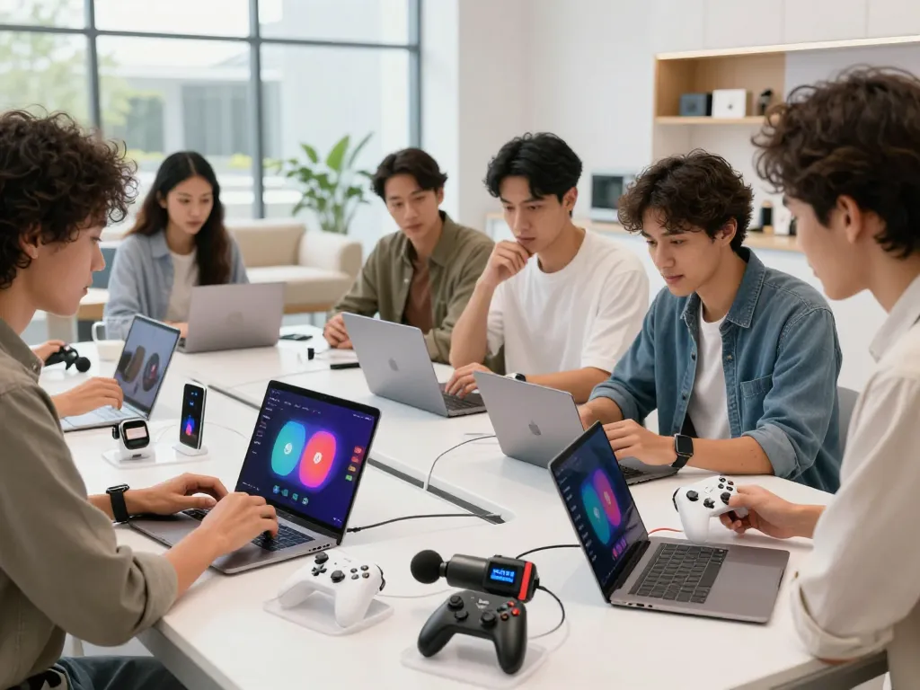 Showcasing the latest tech gadgets 2062, diverse individuals exploring innovative Bluetooth devices in a modern showroom.