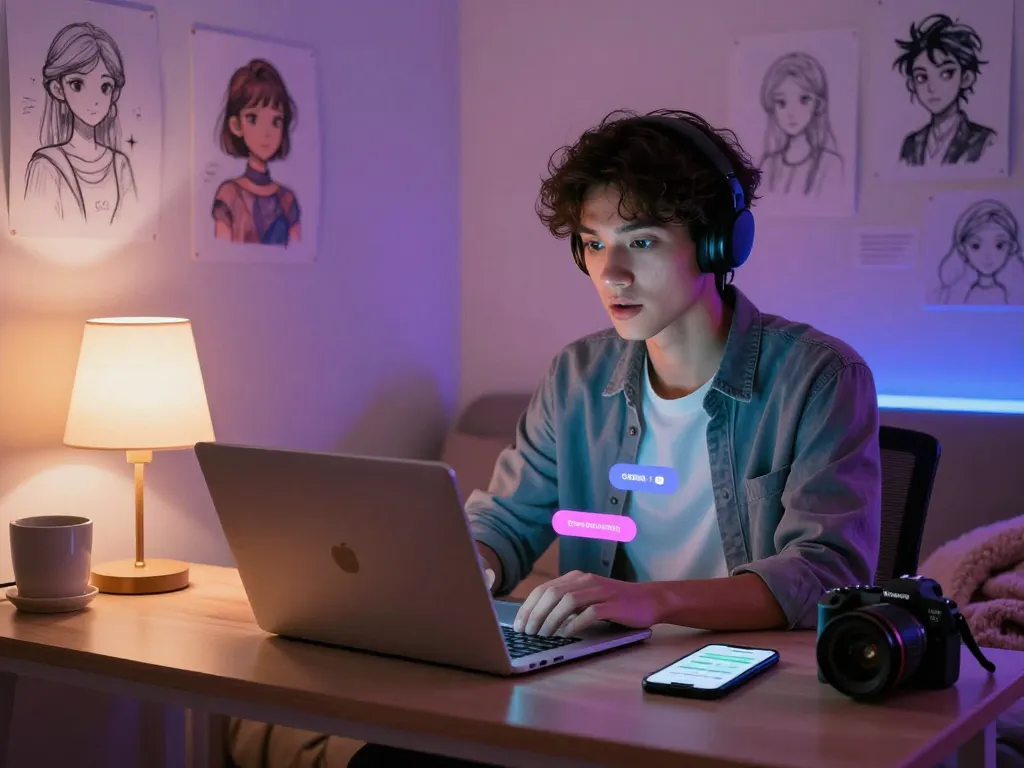 Engaging in nsfw ai chat on a laptop in a cozy, ambient-lit room.