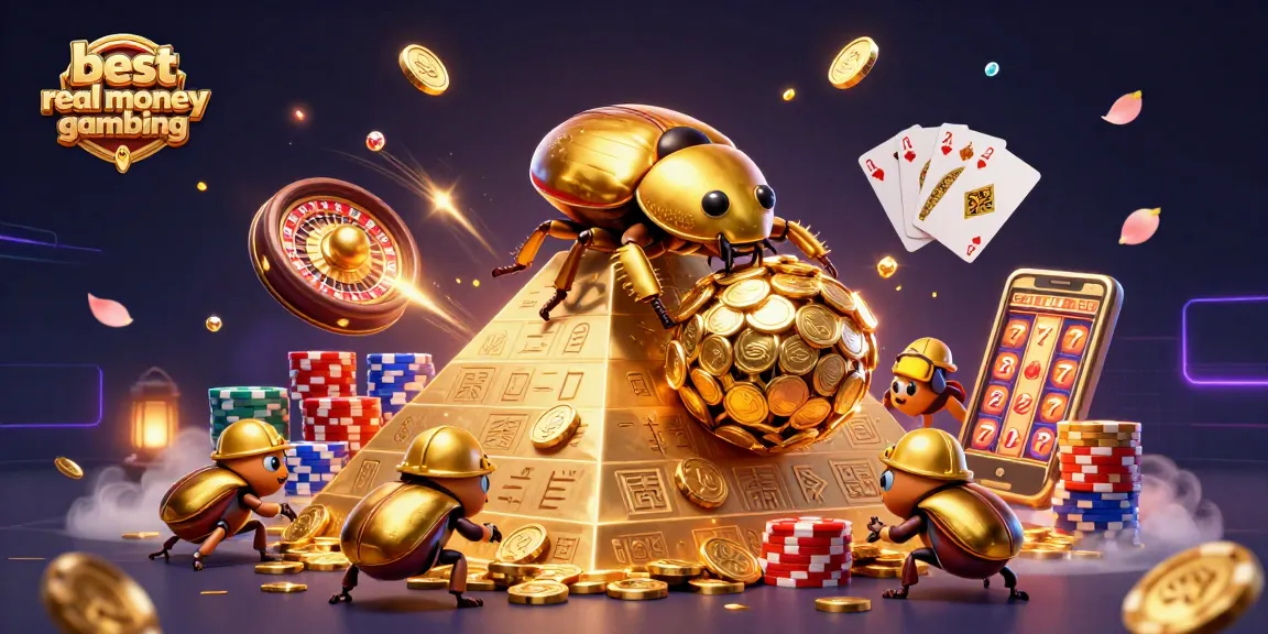 Engage in the best real money gambling with golden beetles rolling coins amidst cascading symbols and colorful poker elements.