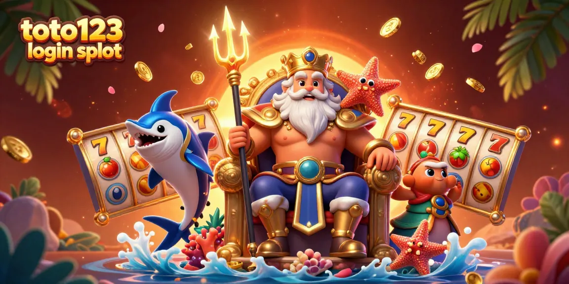 Toto123 login slot offers exciting gameplay with 3D sea king Neptune, slot reels, and vibrant casino elements.