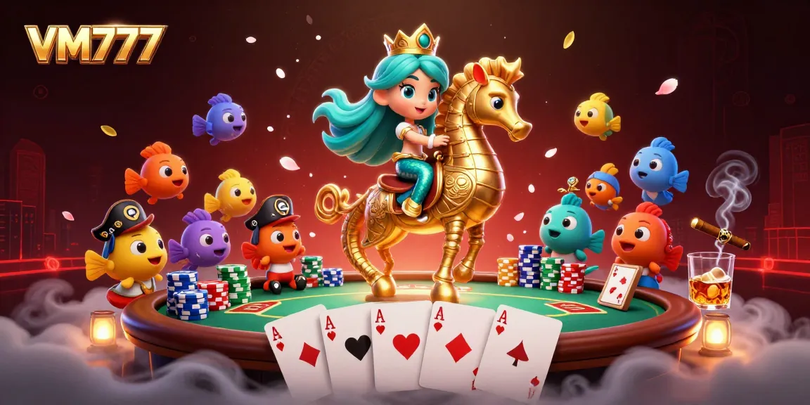 VM777 enhances gaming excitement with a vibrant 3D casino scene featuring a mermaid and poker elements.