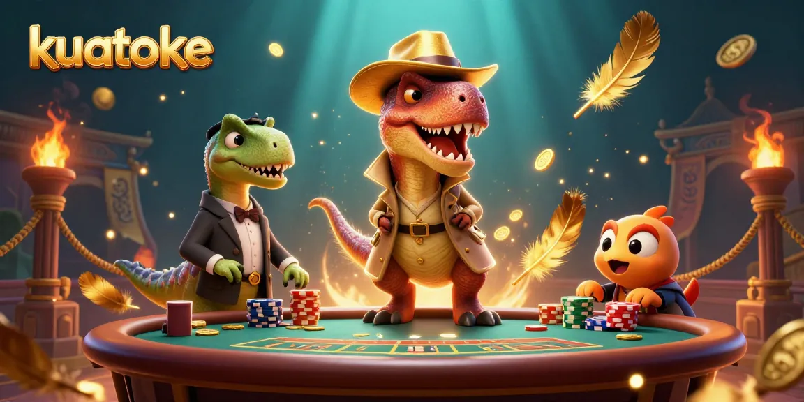 Kuatoke showcases a clever velociraptor card counter at a blackjack table with dramatic casino elements.