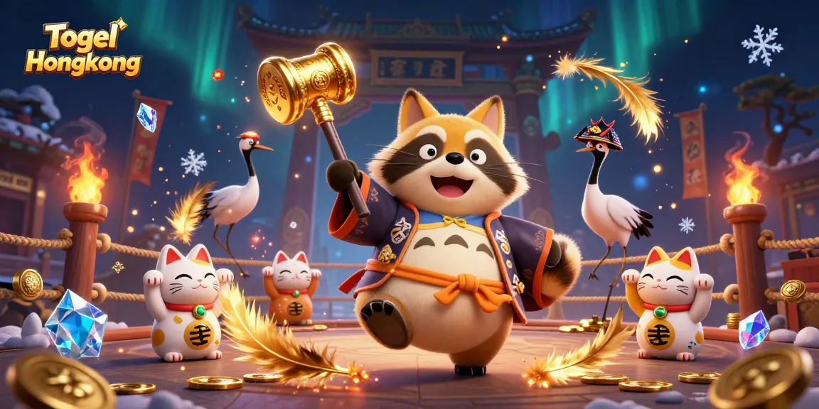 Togel Hongkong brings luck with cheerful tanuki and maneki-neko in a vibrant festival scene.