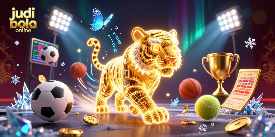 Immerse in the action of judi bola online with a neon tiger and dynamic sports elements in a digital casino.