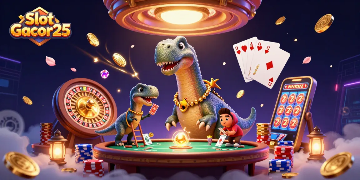 Slot Gacor25 menghadirkan kegembiraan dengan dinosaur 3D raksasa dan permainan kasino berkilauan.