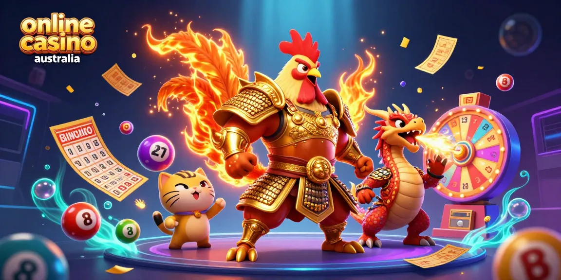 Engage with the vibrant world of online casino Australia through this dynamic 3D illustration featuring unique characters and casino elements.