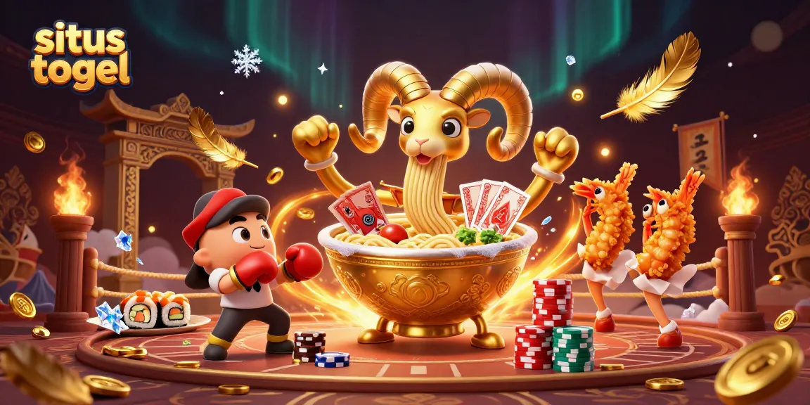 Engage with situs togel in a vibrant casino scene featuring a golden ramen bowl and sushi roll dealer.