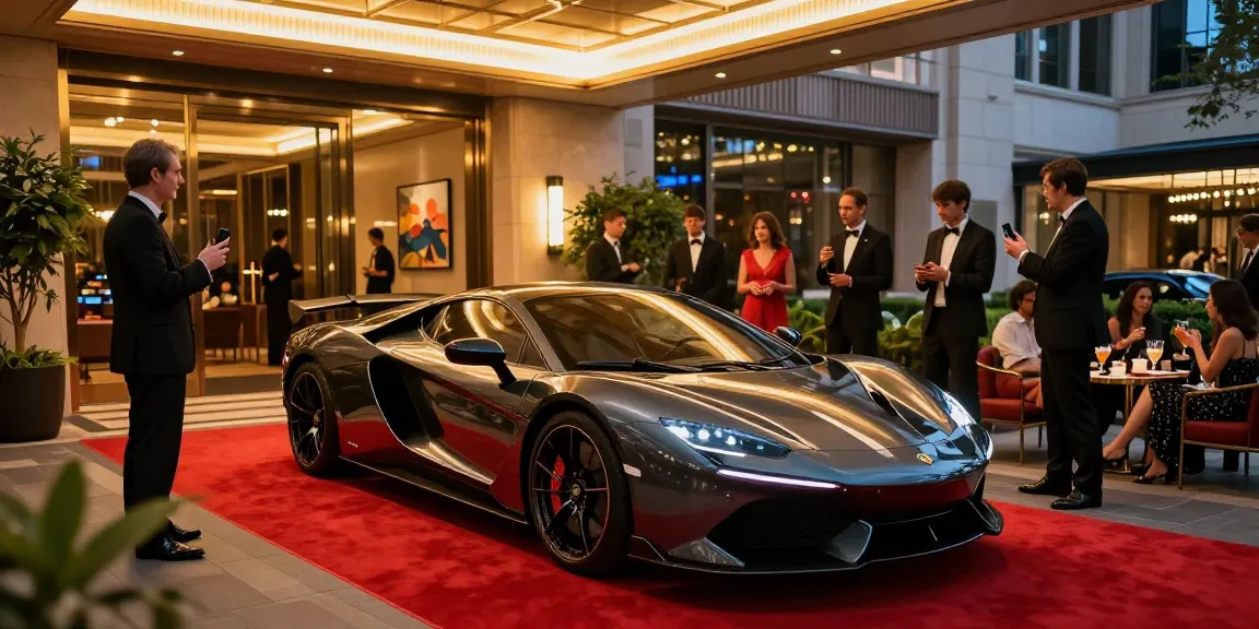 Mobil mewah LUXURY 777 di depan hotel glamor dengan suasana malam yang elegan.