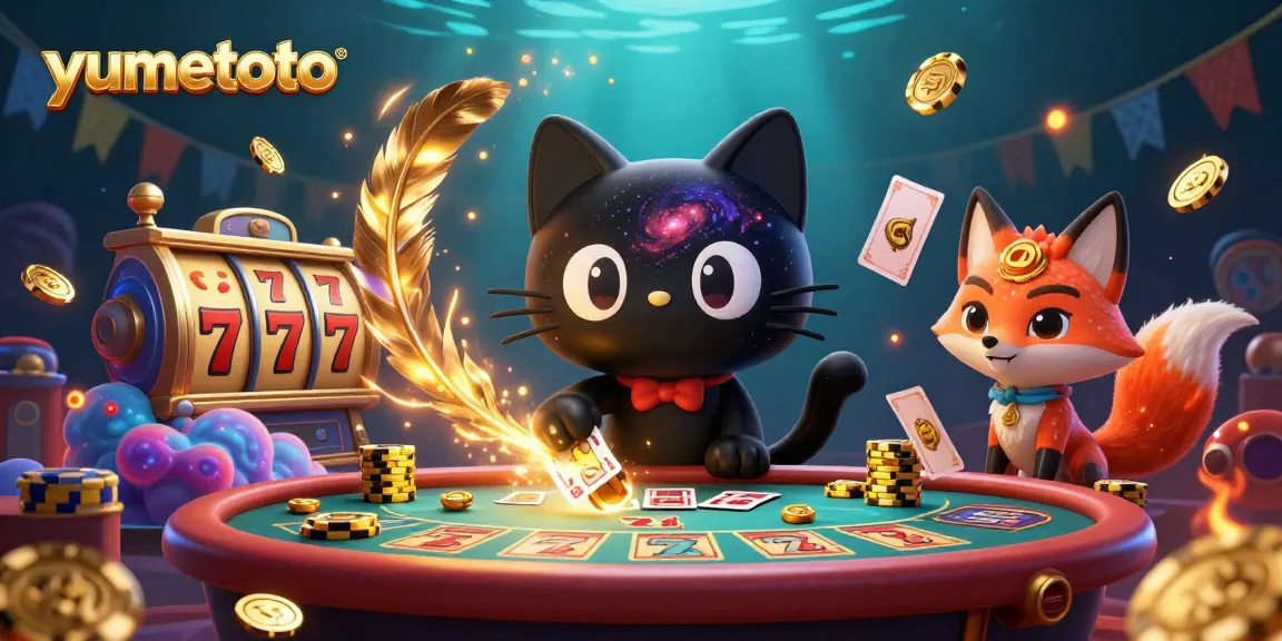Engage with exciting slots at yumetoto amidst vibrant cosmic casino elements and whimsical characters.