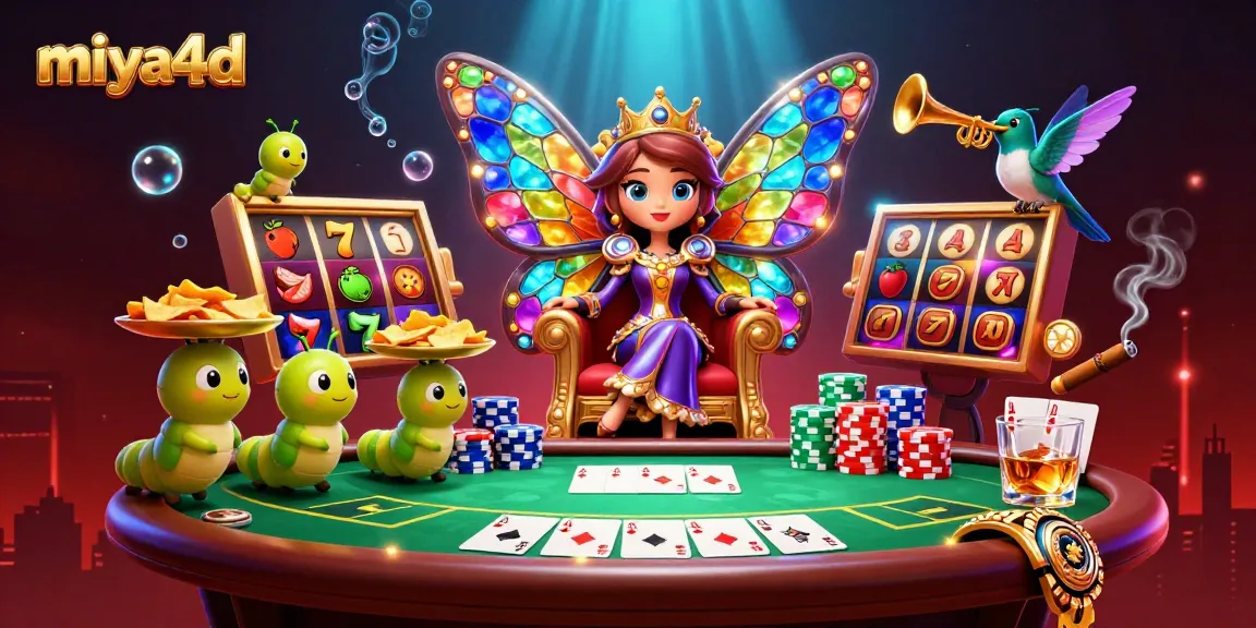 Experience miya4d with colorful slot reels and vibrant casino elements in a dynamic 3D illustration.