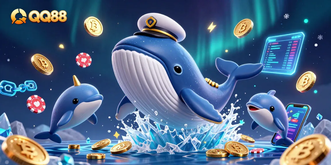 Experience QQ88 gaming with a giant whale surrounded by vibrant casino elements.