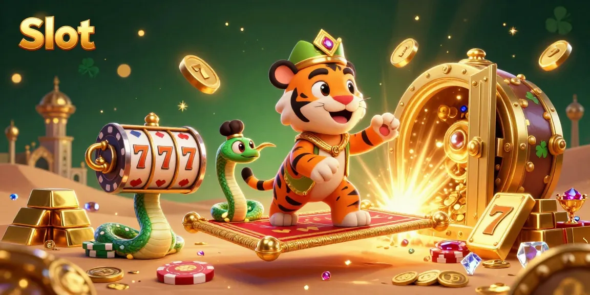 Spin the Slot reels for big wins with the tiger sultan and genie in a golden scene.