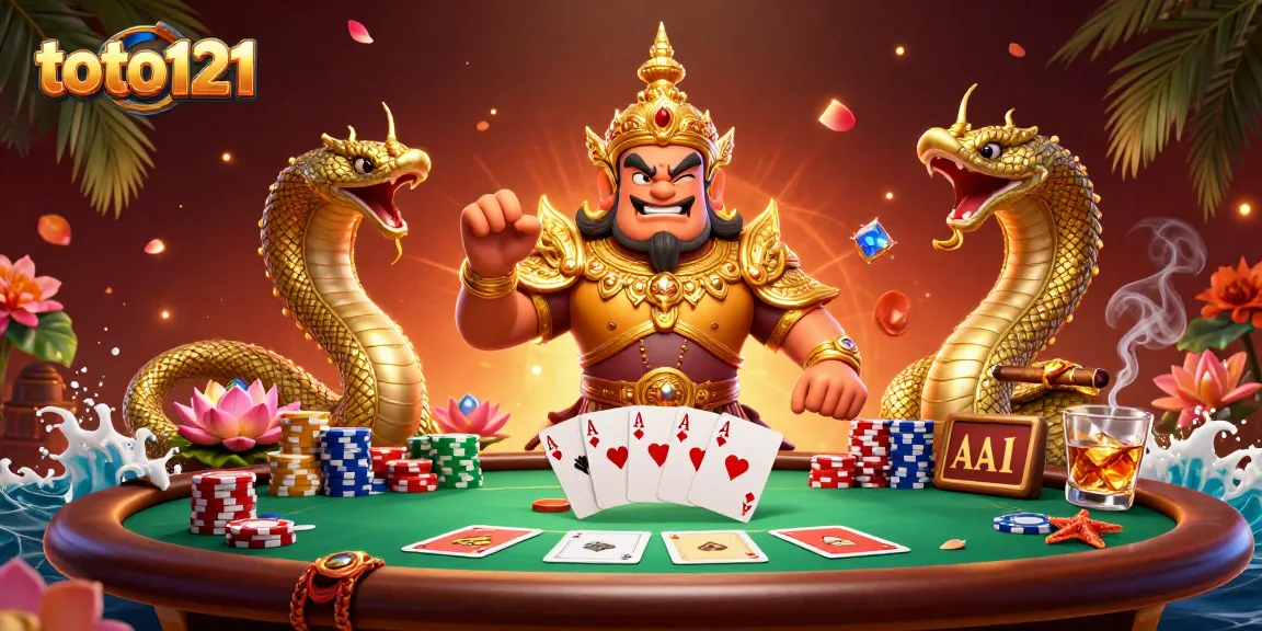 Gambarlah toto121 dengan karakter penjaga kuil Thailand berperangai ceria dan elemen poker yang menarik.