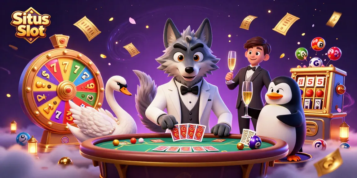 Engage with Situs Slot at a lively casino scene featuring a classy wolf, swan, and penguin.