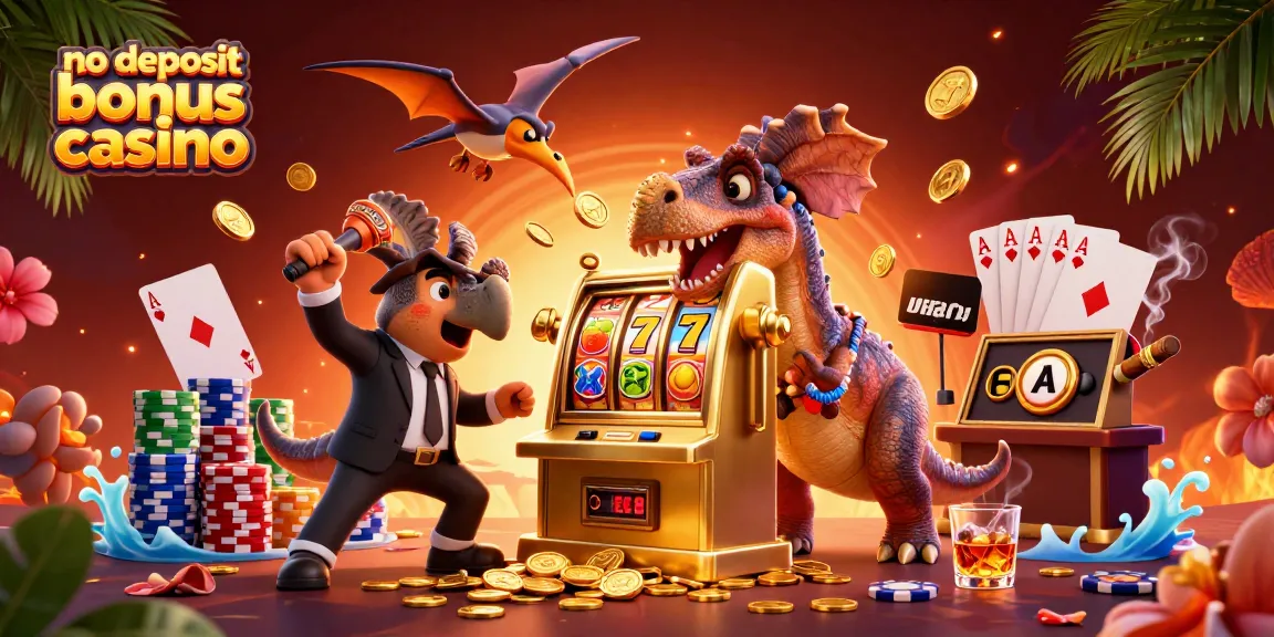 A lively scene depicting a no deposit bonus casino with a pachycephalosaurus hitting a slot machine, while a panicked ankylosaurus watches coins fly.