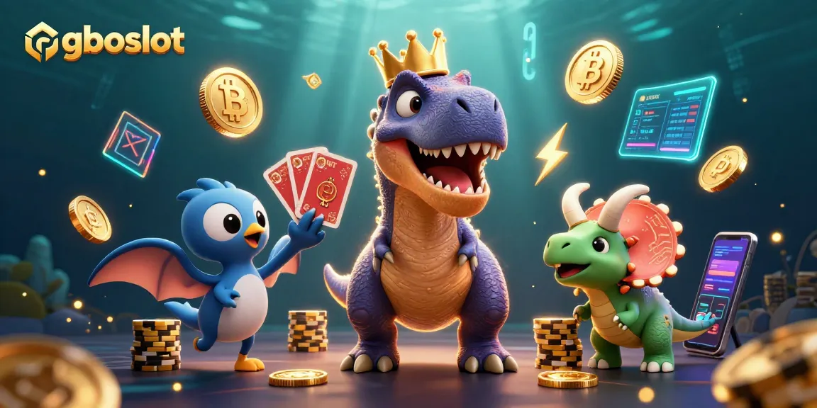 Menggandakan kemenangan di gboslot dengan karakter dinosaur dan koin cryptocurrency yang bersinar.